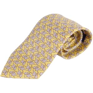 Hermes necktie silk twill tie elephant pattern 100% men's yellow gray