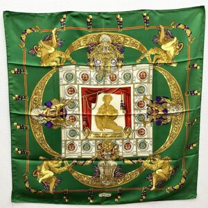 Hermes Carre 90 Muffler/Scarf Tribute to Charles Garnier HOMMAGE A CHARLES GARNIER Green Silk Ladies Fashion USED