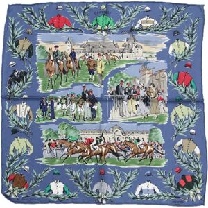 Hermes Muffler/Scarf Blue Square Print Silk Carre 45 CHANTILLY Racecourse VINTAGE