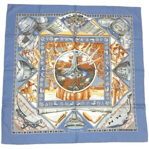 Hermes scarf muffler Carre 90 an son du TAM To the sound of tam toms 100% silk light blue