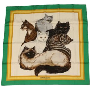 Hermes Carre 90 Les Chats Scarf Green White yellow Auth am3480