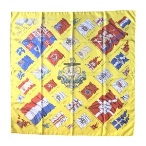 Hermes Vintage Carre large yellow silk scarf with red, blue, and white flag print