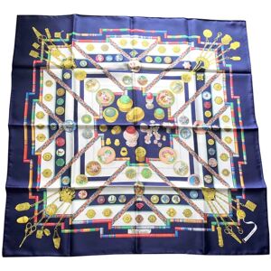 Hermes Vintage Carre navy silk scarf with yellow, pink, green, and multicolor medal and princess etc print