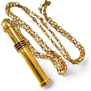 Gucci Vintage golden stick perfume bottle necklace with webbing, green and red color