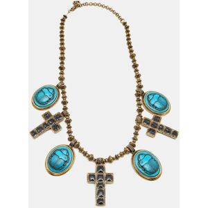 Gucci Aged Scarab and Cross Charms Gold Tone Necklace