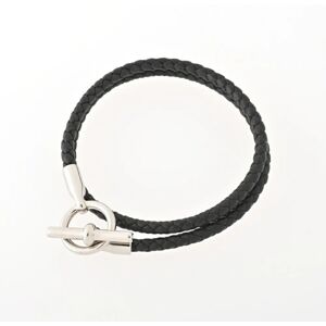 Hermes Leather Bracelet Grennan H Double Tour Swift Black Silver S-155267