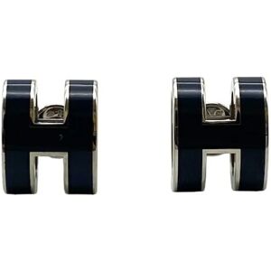 Hermes Pop H Earrings Silver Navy