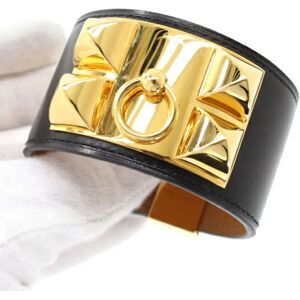 Hermes Collier de Chien Bracelet Bangle Black S Size X Engraved Calf Leather Men Women  Fashion KM2662