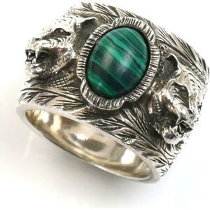 Gucci Silver 925 Garden Cat Head Ring 461991 Malachite Size 10 15.3g Unisex