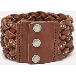 YSL SAINT LAURENT PARIS Brown Studded & Braided Leather Wide Bracelet