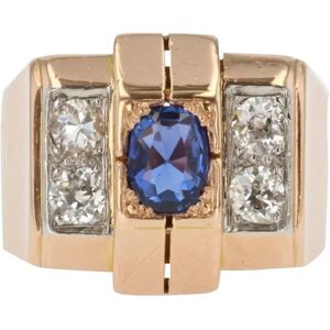 Vintage French 1940s Sapphire Diamonds 18 Karat Rose Gold Tank Ring