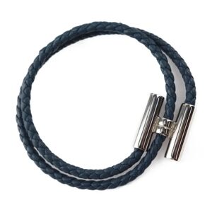 Hermes Tournis Tresse Bracelet Leather Navy Silver Hardware Braided Double