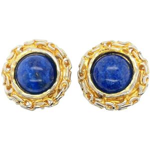 Chanel - 93A Woven Chain Lapis Lazuli Cabochon Button Earrings Gold / Blue