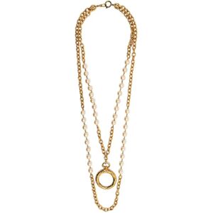 Chanel Pearl-embellished Double-chain Necklace, Gold/PearlThis item has been used and may have some minor flaws. Before purchasing, please refer to the images for the exact condition of the item.