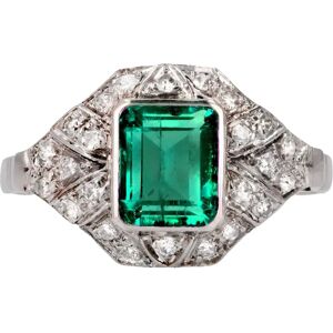 Vintage 1950s Art Deco Style Emerald Diamonds 18 Karat White Gold Ring