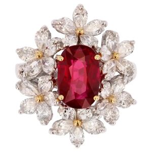 Vintage Certified No Heat Pigeon Blood Ruby Diamonds Flowers 18 Karat White Gold Ring