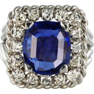 Vintage French 1950s No Heat Cushion Cut Ceylon Sapphire Diamonds Platinum Ring