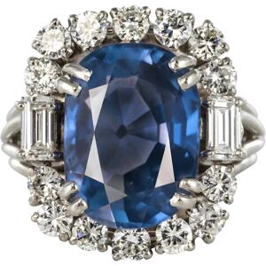 Vintage French 1950s No Heat Ceylon Cushion Cut Sapphire Diamonds Platinum Cocktail Ring