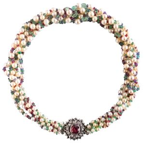 Baume & Mercier Pearl Emerald Sapphire Ruby Spinel Necklace