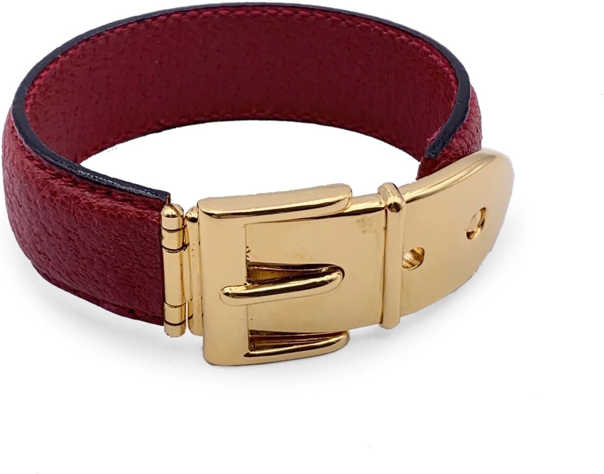 Gucci Vintage Red Leather Belt Bangle Cuff Bracelet Gold Buckle