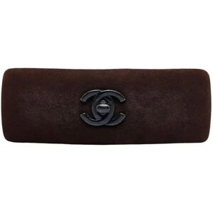 Chanel here mark turn lock barrette brown black plated suede ladies