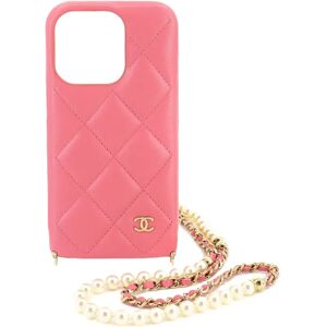 Chanel Matelasse iPhone 14 PRO Smartphone Case Pearl Long Chain Leather Pink AP3556