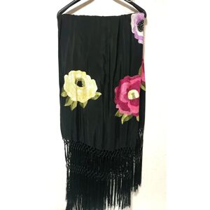 Vintage black extra large shawl with hand embroidered flowers and fringes. Can also be used for sofa, chair, and bed. 041127