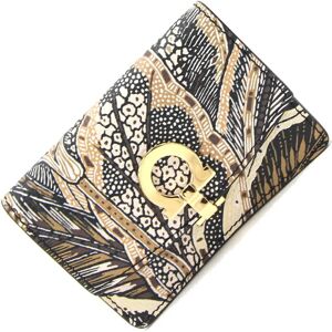 Salvatore Ferragamo Ferragamo Business Card Holder Gancini JL-22 E065 Beige Leather Botanical Pattern Case Ladies Salvatore