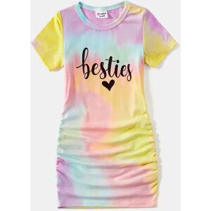 PatPat Letter Print Tie Dye Short-sleeve Drawstring Ruched Bodycon Dress for Mom and Me  - Colorful