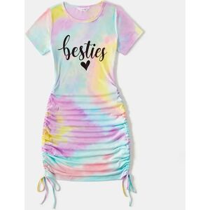 PatPat Letter Print Tie Dye Short-sleeve Drawstring Ruched Bodycon Dress for Mom and Me  - Colorful