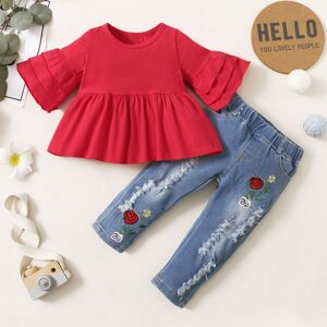 PatPat 2pcs Baby Red Bell Sleeve Loose-fit Top and Floral Embroidered Ripped Denim Jeans Set  - Red