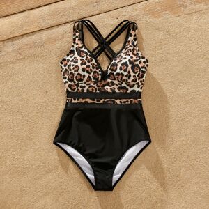 PatPat Family Matching Leopard Printed Swim Trunks or One-Piece Cross Back Splicing Swimsuit  - Black