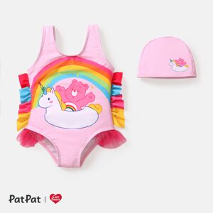 PatPat Care Bears Baby Girl 2pcs Bear Print Colorful Ruffle Trim One-piece Swimsuit & Cap Set  - Light Pink