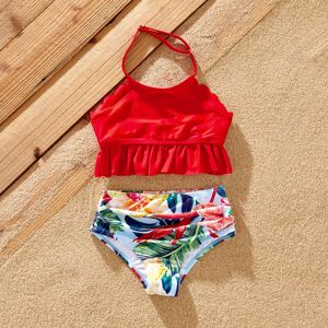 PatPat Family Matching Floral Drawstring Swim Trunks or Ruched Shell Edge Bikini with Optional Swim Cover Up  - Red