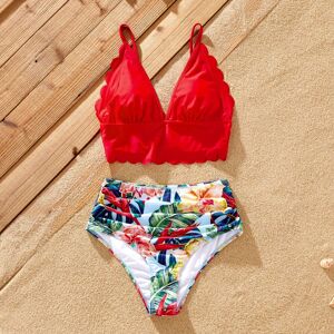 PatPat Family Matching Floral Drawstring Swim Trunks or Ruched Shell Edge Bikini with Optional Swim Cover Up  - Red