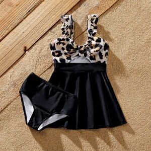 PatPat Family Matching Swimsuit Leopard Print Splicing Black Cross Front Tankini or Drawstring Swim Trunks  - Black