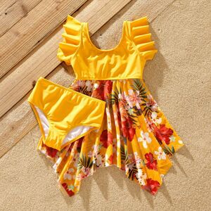 PatPat Family Matching Floral Drawstring Swim Trunks or Flowy Spliced Mesh Swim Dress with Triangle Swim Bottom  - Yellow