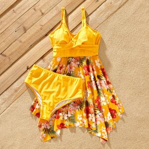 PatPat Family Matching Floral Drawstring Swim Trunks or Flowy Spliced Mesh Swim Dress with Triangle Swim Bottom  - Yellow