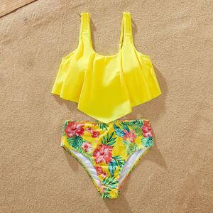 PatPat Family Matching Yellow Tropical Drawstring Swim Trunks or Flowy Ruffle Two-Piece Swimsuit  - Yellow