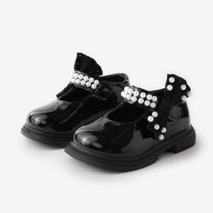 PatPat Toddler and Kids Girls' Sweet Bow & Faux-pearl Decor Velcro Leather Shoes  - Black