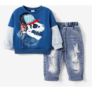 PatPat Toddler Boy Dinosuar Pattern Colorblock Set/Hat/Shoes  - Blue