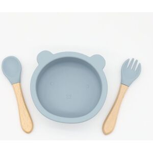 PatPat 3-pack Baby Cute Cartoon Bear Silicone Suction Bowl and Fork Spoon with Wooden Handle Baby Toddler Tableware Dishes Self-Feeding Utensils Set for Self  - Bluish Grey