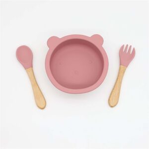 PatPat 3-pack Baby Cute Cartoon Bear Silicone Suction Bowl and Fork Spoon with Wooden Handle Baby Toddler Tableware Dishes Self-Feeding Utensils Set for Self  - Dark Pink