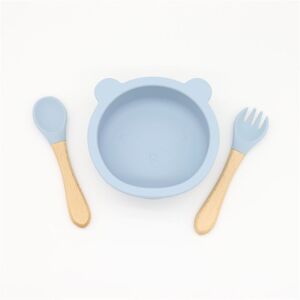 PatPat 3-pack Baby Cute Cartoon Bear Silicone Suction Bowl and Fork Spoon with Wooden Handle Baby Toddler Tableware Dishes Self-Feeding Utensils Set for Self  - Light Blue