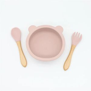 PatPat 3-pack Baby Cute Cartoon Bear Silicone Suction Bowl and Fork Spoon with Wooden Handle Baby Toddler Tableware Dishes Self-Feeding Utensils Set for Self  - Light Pink