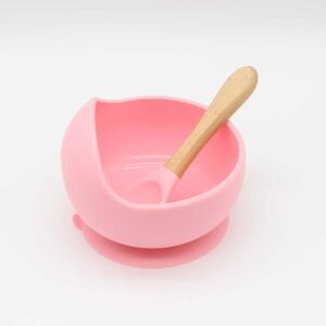 PatPat 2Pcs Baby Silicone Suction Bowl and Spoon with Wood Handle Baby Toddler Tableware Dishes Self-Feeding Utensils Set for Self-Training  - Light Pink