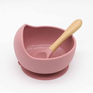 PatPat 2Pcs Baby Silicone Suction Bowl and Spoon with Wood Handle Baby Toddler Tableware Dishes Self-Feeding Utensils Set for Self-Training  - Dark Pink