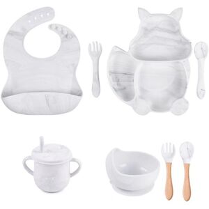 PatPat 8Pcs Silicone Baby Feeding Tableware Set Includes Suction Bowl & Divided Plates & Adjustable Bib & Straw Sippy Cup with Lid & Forks & Spoons  - White