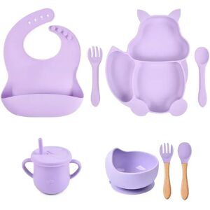 PatPat 8Pcs Silicone Baby Feeding Tableware Set Includes Suction Bowl & Divided Plates & Adjustable Bib & Straw Sippy Cup with Lid & Forks & Spoons  - Color-A