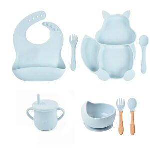 PatPat 8Pcs Silicone Baby Feeding Tableware Set Includes Suction Bowl & Divided Plates & Adjustable Bib & Straw Sippy Cup with Lid & Forks & Spoons  - Color-B